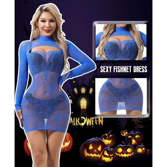 Blue Black Sexy Fishnet Lingerie Dress for Women Bodycon Hollow Out Nightwear - Picture 2 of 5